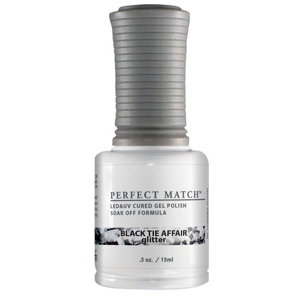 LeChat - Perfect Match Gel Polish - Black Tie Affair - Silver Hexes and Black Glitter on Clear Polish - (0.5 Ounce) - Easy Application - Soak Off Formula