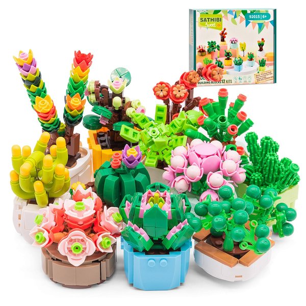 SATHIBI 12 Flowers Succulents Building Set for Adults,Succulents Botanical Collection for Home Office Decor,Artificial Plant Building Kits,Gifts for Boys Girls 6+,Birthday Christmas(1185PCS)