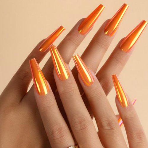 Chrome Press on Nails Holographic Orange Long Mirror False Nails Chameleon Fake Nail Reusable Metallic Full Cover Stick on Nails Long Coffin Glue on Nails for Women Manicure Nails Decoration 24pcs