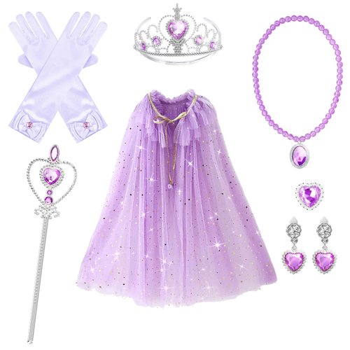 TPMG Girls Princess Accessories with Purple Cape, Kids Halloween Costume Tiara Crown Wand Gloves Dress Up Pretend Play