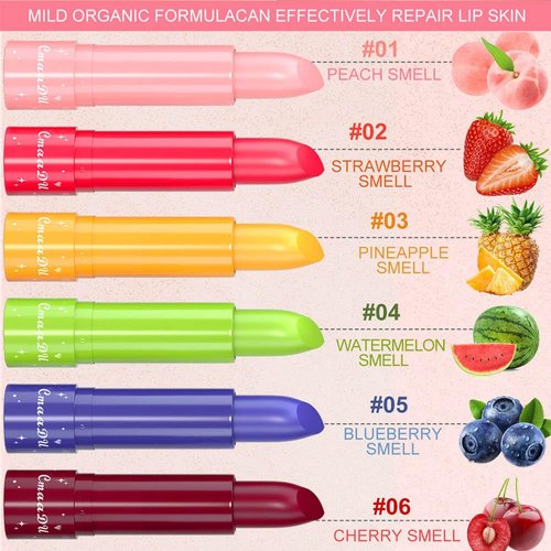 evpct 6Pcs Peach Strawberry Black Red Cherry Watermelon Blueberry Pineapple Tinted Lip Balms PH Lip Color Changing Lipstick Stain Set Queen for Women Girls Korean Mood Pink Lipstick Lip Tint Gloss