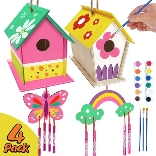 Crafts for Kids Ages 4-8 - 4 Pack DIY Bird House Wind Chime Kit - Build and Paint Birdhouses Wooden Arts Kits Easter Basket Stuffers Gifts for Girls Kids Boys Toddlers Ages 3-5 4-6 6-8 8-12