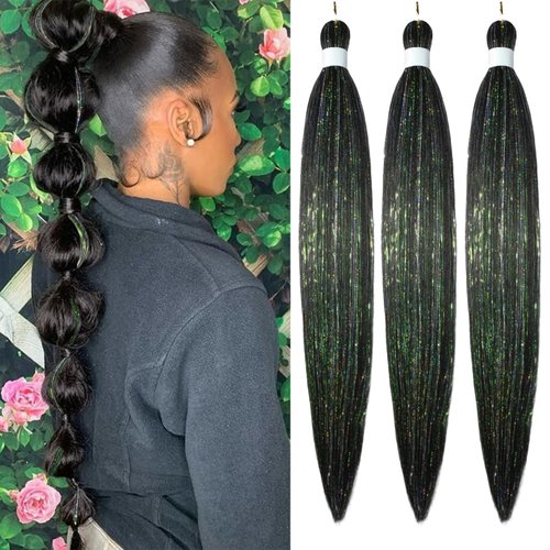 Savasana Black Tinsel Pre stretched Braiding Hair, 26 Inches Kanekalon Box Braids Hair Extensions, 3 Packs Yaki Texture Braiding Hair Pre stretched