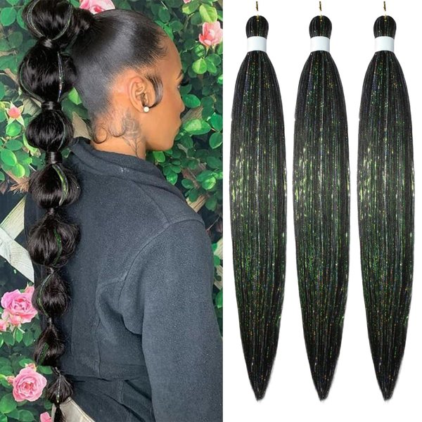 Savasana Black Tinsel Pre stretched Braiding Hair, 26 Inches Kanekalon Box Braids Hair Extensions, 3 Packs Yaki Texture Braiding Hair Pre stretched
