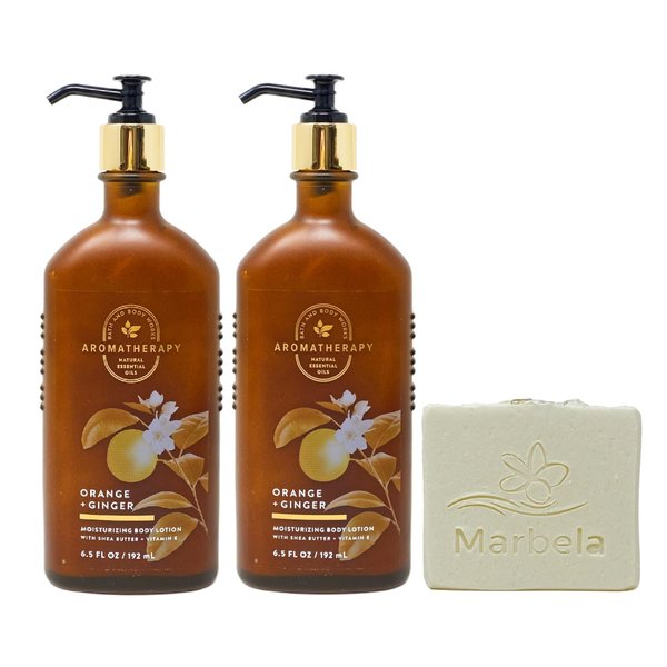 Bath & Body Works Aromatherapy Orange + Ginger 2 Pack Body Lotion Gift Set Bundle with a Natural Oats Bar Soap - Full Size