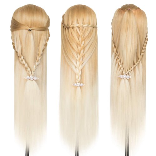DANSEE 28" Mannequin Head Synthetic Hair Hairdresser Training Manikin Cosmetology Doll Head Blonde with DIY Braiding Set+ Free Table Clamp(27-613)