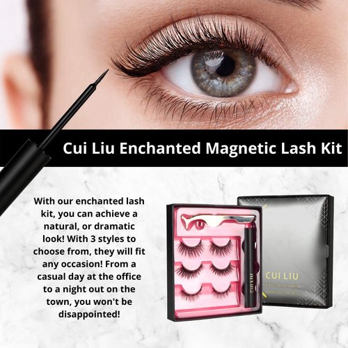 Magnetic Eyelashes and Eyeliner Kit - Enchanted Magnetic Lash in a Set of 3 Natural, Glam, and Dramatic Lashes - Easy Application Tweezers Included