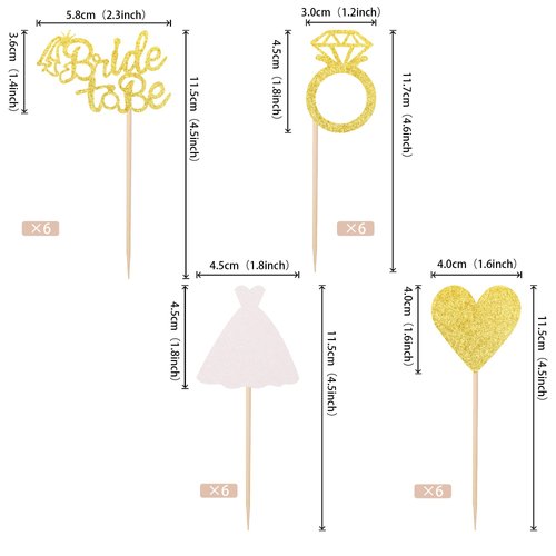 24 PCS Bride to Be Cupcake Toppers with Glitter Heart Ring Dress Bridal Shower Cupcake Picks Decorations for Wedding Engagement Bachelorette Party Supplies Gold