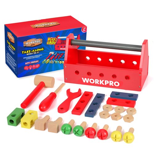 WORKPRO 24pcs Take-Along Wooden Tool Kit, Building Toy Set Creative&Educational Construction Toy, Great Gift for Toddlers 3+