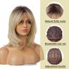 FUHSI Blonde Wigs for Women Ombre Light Blonde Wig with Bangs Layered Middle Length Synthetic Wig Dark Roots Hair for Daily Party