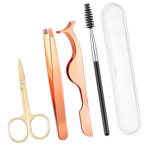 Lasnten DIY Eyelash Applicator Tool Set, Lash Tweezers for Eyelash Extensions, Stainless Steel False Eyelash Scissors, Lash Cluster Tweezer, Eyebrow Curler, Lash Brush with Box(Gold)