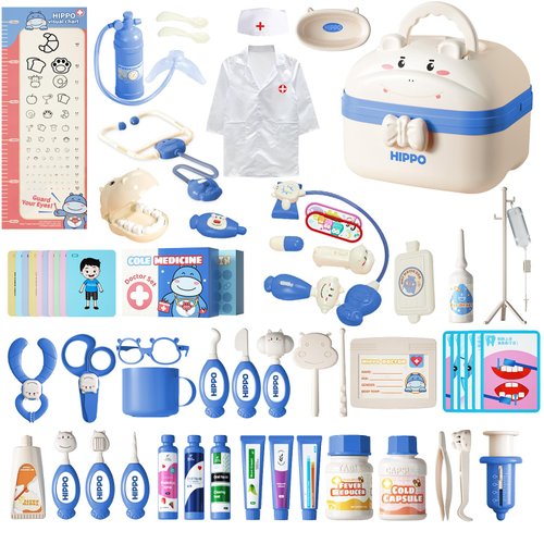 RedCrab Kids Medical Kit 60+pcs, Cute Hippo Dentist Role Players with Clothes, Toddler Preschool Pretend Doctor Playset with Carry Case, Medical Playset for 3-8 Boys and Girls (Blue)