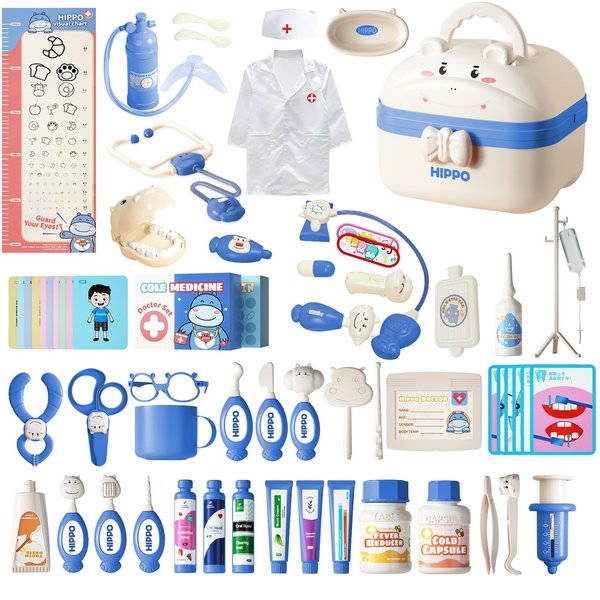 RedCrab Kids Medical Kit 60+pcs, Cute Hippo Dentist Role Players with Clothes, Toddler Preschool Pretend Doctor Playset with Carry Case, Medical Playset for 3-8 Boys and Girls (Blue)