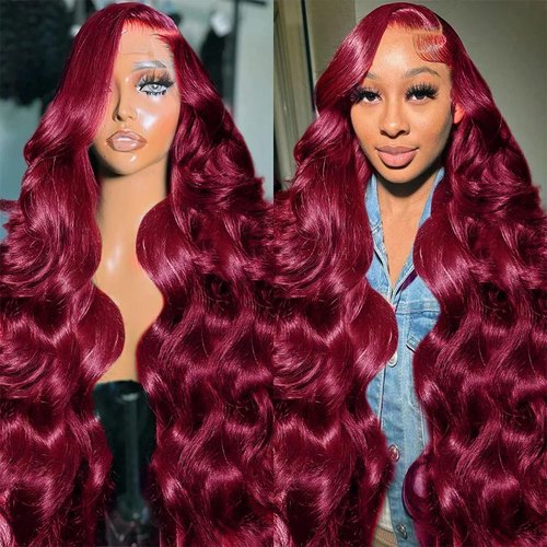 Cikana 99J Burgundy Lace Front Wigs 30 Inch Red Wig Human Hair Body Wave 13x4 HD Lace Frontal Wigs Natural Hairline Pre Plucked 180% Density Glueless Brazilian Virgin Human Hair Bleached Knots