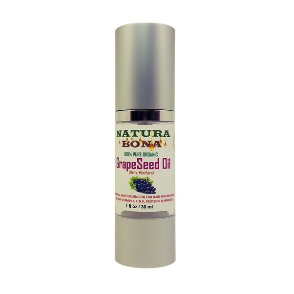100% Pure Organic Grapeseed Oil for Hair, Face, Skin & Nails. Near Odorless; Great as a Carrier Oil, Massage, Soap Making & Moisturizer to Prevent Aging & Wrinkles; 1 OZ / 30 ML Airless Pump
