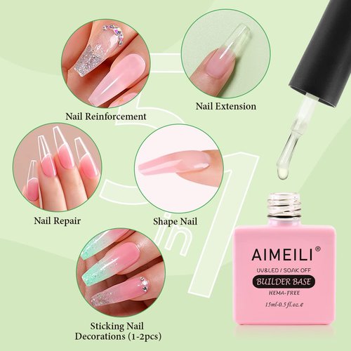 AIMEILI Hema Free Builder Base Gel 5 in 1 Clear Builder Nail Gel for Nails Extension Soak Off U V LED Builder Nail Gel in a Bottle Builder Base Gel Polish 15ml