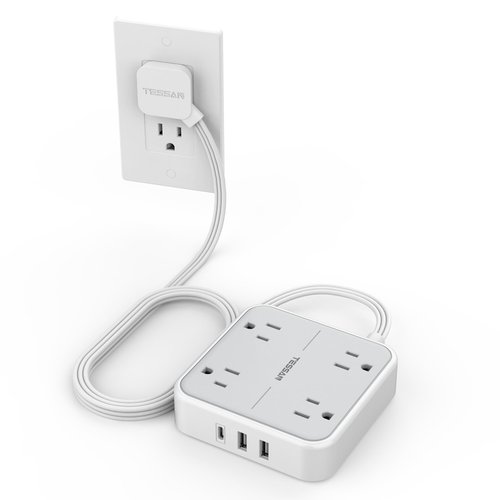 Flat Plug Surge Protector Power Strip, TESSAN 5 ft Ultra Thin Extension Cord with 3 USB Wall Charger(1 USB C Port), 4 Outlets Slim Desk Charging Station for Travel, Office, Dorm Room Essentials