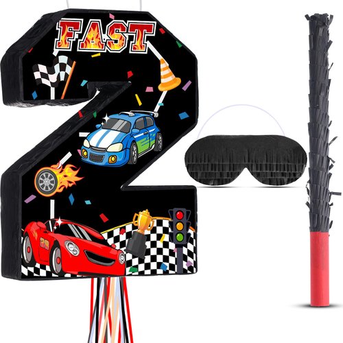 Harrycle Racing Number 2 Pinata, 2nd Birthday Decorations, Pull String Pinata with Blindfold Stic...