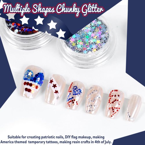 Allstarry Nail Glitter 4Pcs Holographic America's Patriotic Nail Art Glitter Sparkly Red Blue Chunky Flakes Veterans Day Body Sequin 4th of July Decoration for Manicure Independence Day