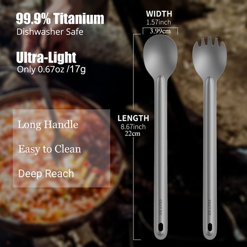 OUTXE Titanium Long Handle Spork and Spoon, 8.7-Inch Soup Spoon, Camping Spork and Spoon, Eco-Friendly Coffee Spoon, Spork and Spoon Set
