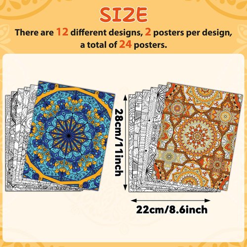 ZOIIWA 24 Pack Mandala Coloring Posters for Kids Adults Coloring Posters 11" x 8.6" Mandala Flower Coloring Book Craft Coloring Art Craft Activity for Home Classroom Christmas Gift