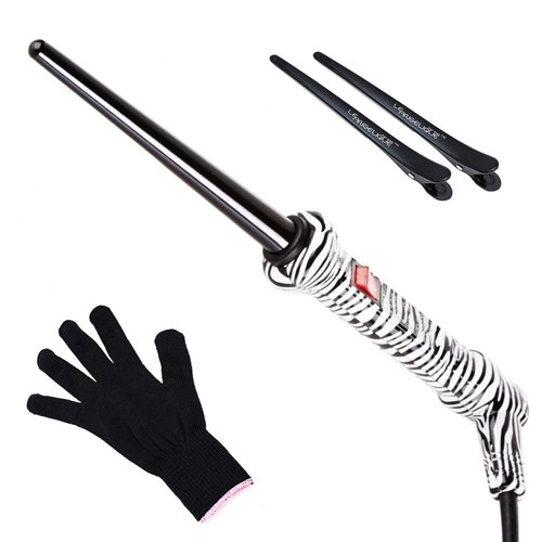 Le Angelique 1/4 to 3/4 Inch Tapered Ceramic Curling Wand for Thin Hair & Tight Curls - 9-18mm Professional Clipless Curler Iron with Glove and 2 Clips | 430F Instant Heat | Dual Voltage - White Zebra