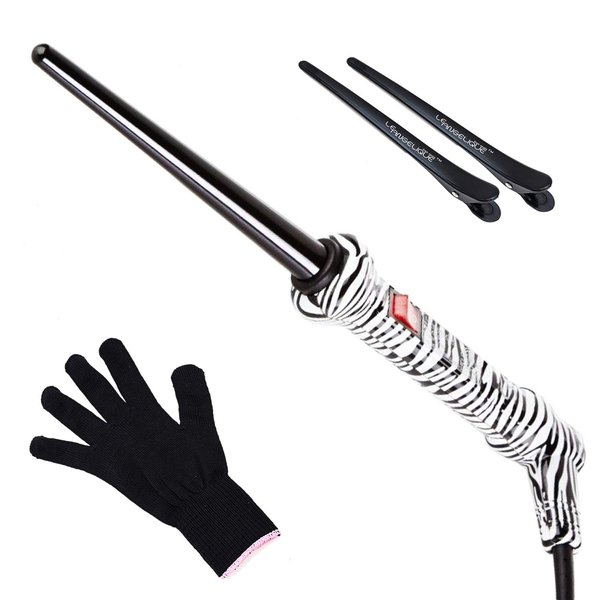 Le Angelique 1/4 to 3/4 Inch Tapered Ceramic Curling Wand for Thin Hair & Tight Curls - 9-18mm Professional Clipless Curler Iron with Glove and 2 Clips | 430F Instant Heat | Dual Voltage - White Zebra