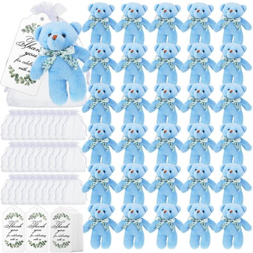 Wettarn 30 Sets Bear Baby Shower Favors Small Bears Bulk Tiny Plush Bears 4.72 Inch Little Bears with Thank You Tags and Mesh Bags Mini Stuffed Animals for DIY Keychain Birthday Decorations(Blue)