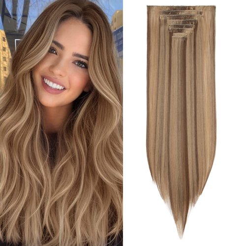SEGO Clip in Hair Extensions for Women, 26" 8PCS Long Straight Synthetic Hair Full Head Clip in Hair Extensions Pieces-Golden Brown mix Dark Blonde
