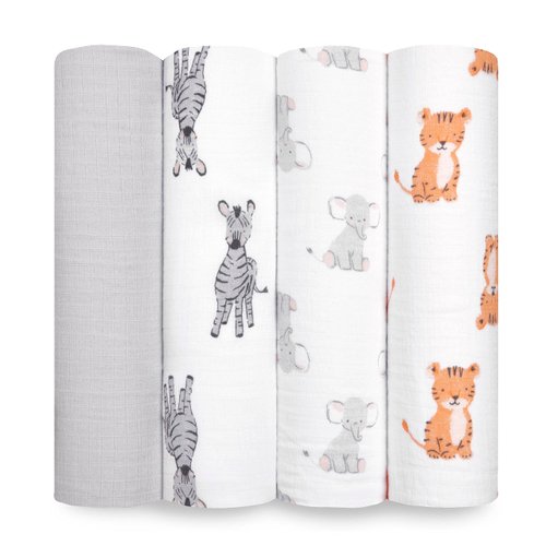 aden + anais Essentials Muslin Swaddle Blankets for Baby Girls and Boys, Newborn Receiving Blanket for Swaddling, 100% Cotton Baby Swaddle Wrap, 4 Pack, Safari Babes