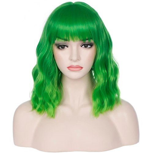 incohair 14 Inches Green Ombre Wig with Bangs Women Girls Short Curly Wavy Bob Wig Shoulder Synthetic Halloween Party Wigs Wig Cap Included (Ombre Green)…