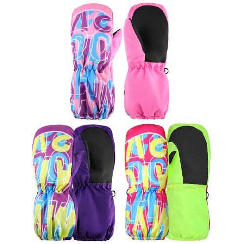 3 Pairs Kids Thicken Snow Mitten Winter Gloves Waterproof Warm Ski Mitten Toddler Boys Girls (Fluorescent Green, Pink, Purple,5-10 Years)