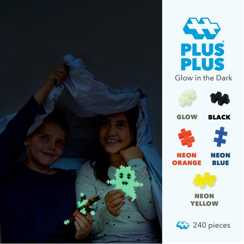 Plus Plus 240 Piece Interlocking Building Blocks for Kids, Open Ended Connecting Toys, Stem Bin Classroom Mini Manipulatives - Glow in Dark Play Tube