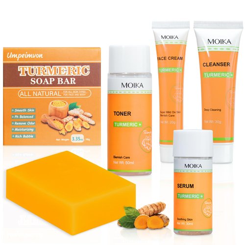 Umpeimvon 5 Pack Turmeric Soap Bar Turmeric Skincare Travel Size, Exfoliating Tumeric Soap Turmeric Facial Cleanser Turmeric Face Cream Toner Serum, Enhance Skin Elasticity for All Type of Skin