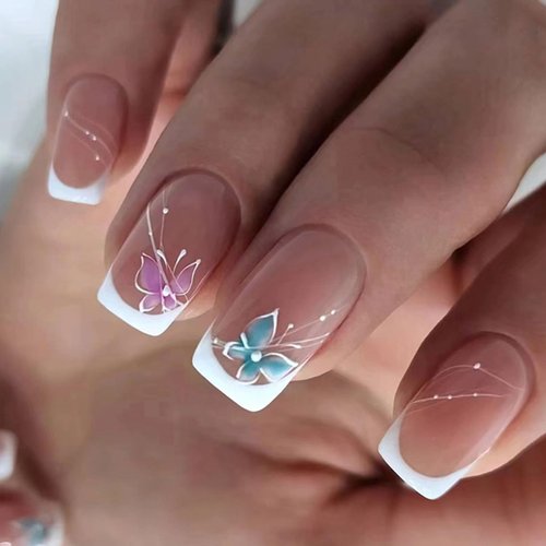 YOSOMMK Nude Press on Nails Short Square Fake Nails with Butterfly Designs French Tip Glue on Artificial Nails Glossy Stick on False Nails for Women and Girls