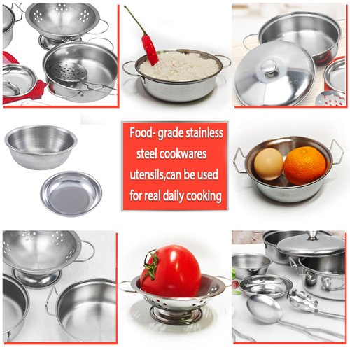 Tiny Size Cooking Pretend Play Kitchen Cooking Toys with Stainless Steel Cookware Play Pots and Pans Set，Cooking Utensils Cookware Kitchen Play Accessories Toys Cooking Pots for Toddlers Kids(Mini)