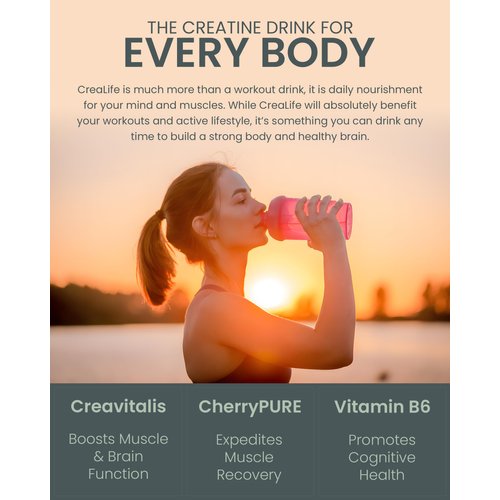 CreaLife - German Micronized Creatine + USA Tart Cherry + Vitamin B6 - Pre and Post Workout Supplement for Women & Men, Tart Cherry Lime Flavor, Caffeine-Free Nourishment for Body and Brain