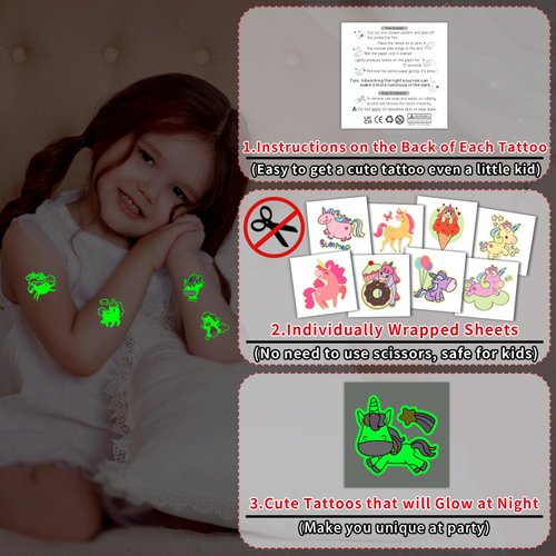 Partywind Temporary Tattoos for Kids Party Supplies, 50 Individually Wrapped Sheets Glow Tattoo Stickers for Girls Party Decorations Favors, Luminous Tattoos for Girls Toys