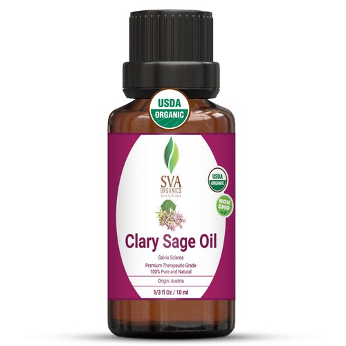 SVA Clary Sage Essential Oil Organic – 1/3 Fl Oz – 100% Natural Organic Clary Sage Oil - for Diffuser, Hair Care, Face, Skin Care, Aromatherapy, Scalp and Body Massage, Soap and Candle Making