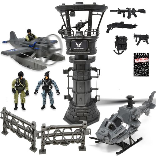 US Air Force Military Air Base Toy with Soldier Action Figure Fighter Jet Army Airplane & Watch Tower Weapons Playset Top Secret Notebook for Kids
