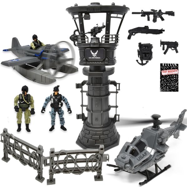 US Air Force Military Air Base Toy with Soldier Action Figure Fighter Jet Army Airplane & Watch Tower Weapons Playset Top Secret Notebook for Kids