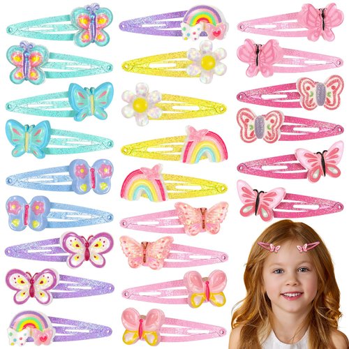 Hanaive 24 Pcs Rainbow Unicorn Clips Metal Clips Butterfly Snap Barrettes Cute Mermaid Hair Pins Sparkly Animal Hair Accessories for Toddlers Little Girls Birthday Party Gifts(Butterfly Pattern)