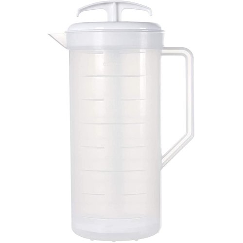 JBK Pottery - Mixing Pitcher for Drinks, Plastic Water Pitcher with Lid and Plunger with Angled Blades, Easy-Mix Juice Container, 2-Quart Capacity (White, One)