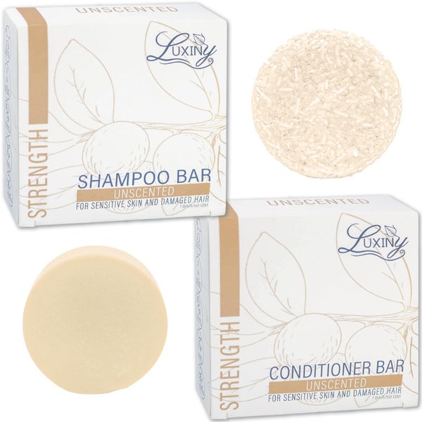 Bar Shampoo and Conditioner for Hair, by Luxiny, a Made in USA Unscented Shampoo and Conditioner Bar Set With 1 Sulfate Free Shampoo Bar, 60g & 1 Deep Conditioner Bar, 50g (Fragrance Free)