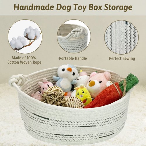 Fhiny Cotton Rope Dog Toy Basket with Handle Puppy Toys Storage Bin Small Woven Rectangle Diapers Pet Kitty Bed Perfect for Carry Pet Chew Toys Blankets Leashes Doggie Stuff - Beige L