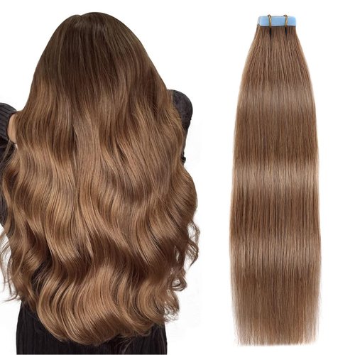SUYYA Tape in Hair Extensions Human Hair Chestnut Brown 100% Remy Human Hair 20 inches 20pcs 50g/pack Straight Seamless Skin Weft Tape in Extensions(20 inches #6 Medium Brown)