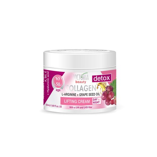Skin Care Detox Day and Night Face Cream Anti-Aging Moisturiser with Collagen, Hyaluronic Acid, L-Arginine, Grapeseed Oil, and a UVA/UVB Filter for Ages 50-65, 50 ml