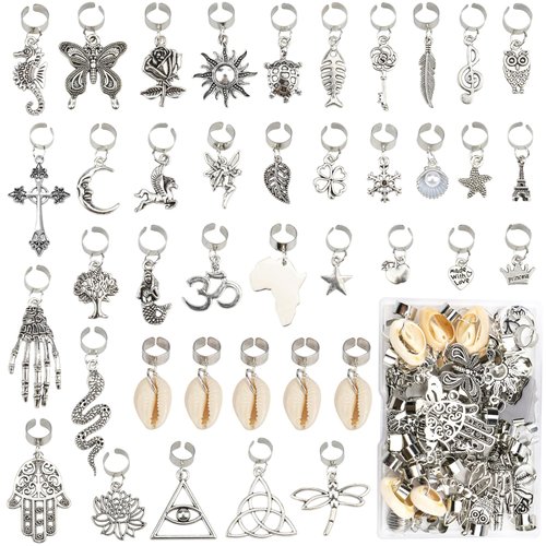 JALANCY 40 Pcs Locs Hair Jewelry Braids Hair Clips Adjustable Hair Cuffs African Style Dreadlocks Hair Beads Butterfly Shell DIY Hair Pendant Charms Hair Decoration for Locs Accessories (Silver)