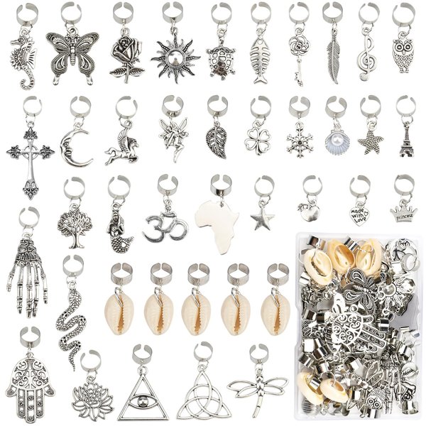JALANCY 40 Pcs Locs Hair Jewelry Braids Hair Clips Adjustable Hair Cuffs African Style Dreadlocks Hair Beads Butterfly Shell DIY Hair Pendant Charms Hair Decoration for Locs Accessories (Silver)