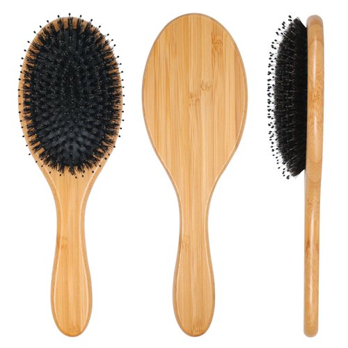 OWIIZI Natural Boar Bristle Brush for Women Mens Kid Soft Boar Bristle Hair Brush Bamboo Detangler Brush and Tail Comb Set for Long Curly Fine Hair